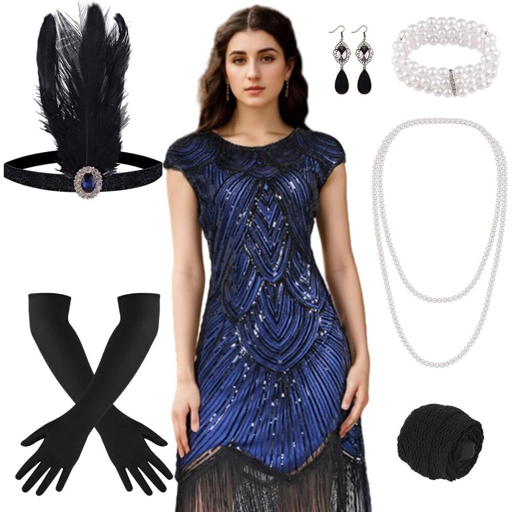 1920s Flapper Dress Women Sequined Fringe Gatsby Costume with Accessories